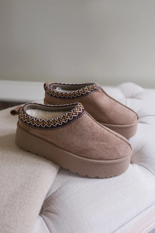 Slippers with rugged fuzz -MANGO KIDS FLATFORM EMBROIDERED LOW ANKLE SLIPPER BOOTS IN CAMEL SUEDE