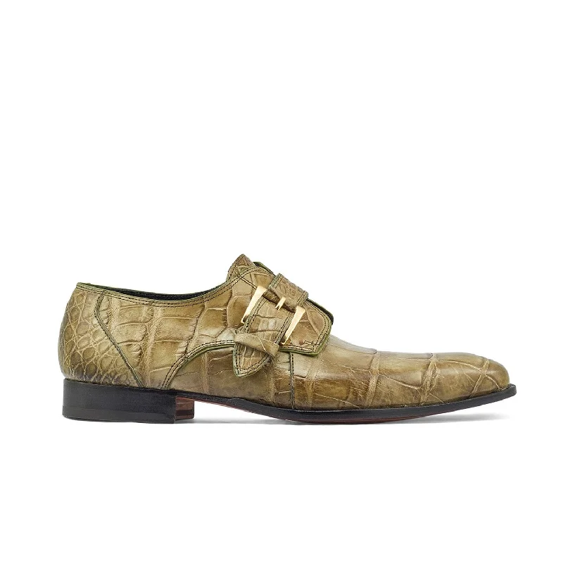 Soft loafers for summer evenings-Mauri 4853 Deacon Men's Shoes Money Green Exotic Alligator Monk-Strap Loafers (MAS5384)