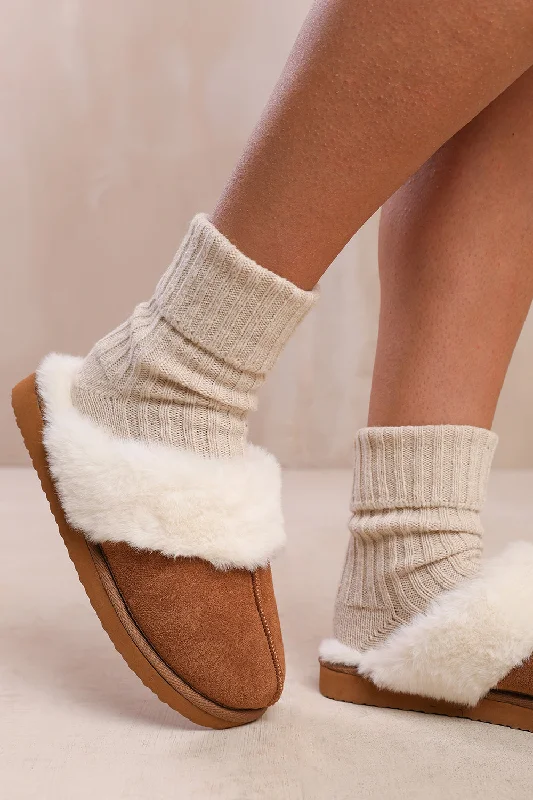 Slip-on slippers for fast naps -LOUNGE SLIP ON SLIPPERS WITH FUR TRIM IN CHESTNUT SUEDE