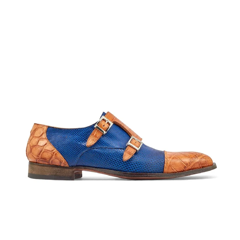 Comfortable loafers for hot evenings-Mauri 4560/2 Madison Men's Shoes Cognac & Brilliant Blue Exotic Alligator / Karung Monk-Straps Loafers (MA5375)