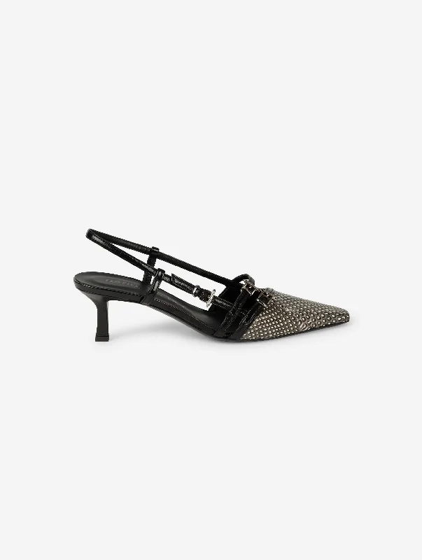 High heels for flex work -Black patent and ivory and black reptile slingback pumps