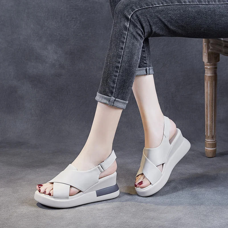 Trendy sandals for beachside events-Women Summer Leather Casual Wedge Sandals