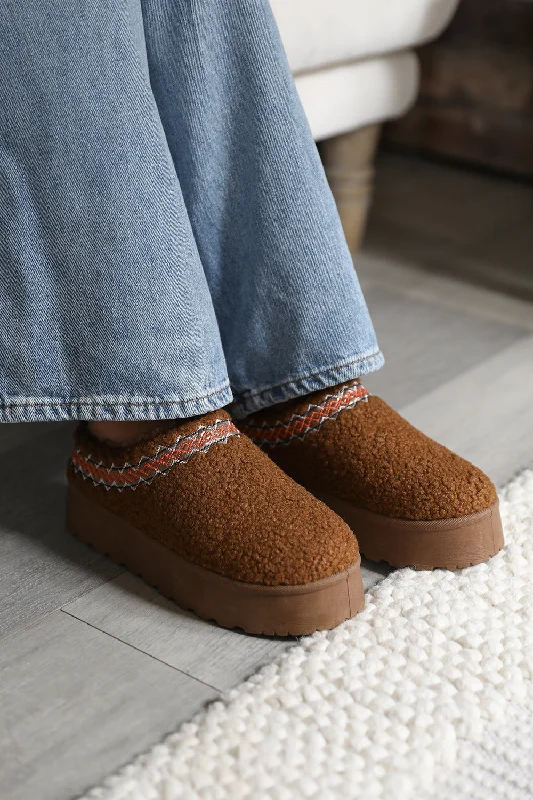 Slippers with snug fuzz -CHERRY FLATFORM AZTEC DETAIL LOW ANKLE SLIPPER BOOTS IN CHESTNUT SHEARLING