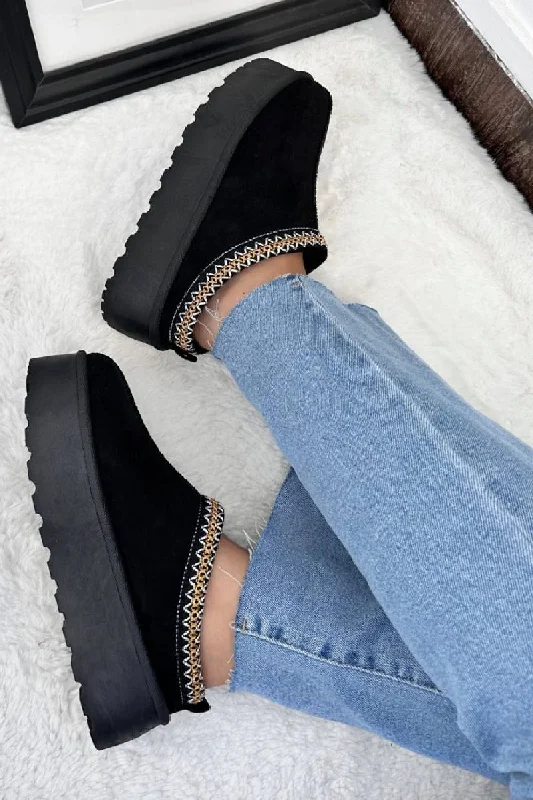 Slippers for cozy nights -BLACK EMBROIDED FLUFFY PLATFORM SLIPPERS AZTEC DETAIL FAUX FUR LINED ANKLE BOOTS