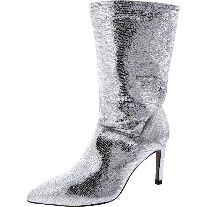 Boots with ornate thread accents -All Saints Womens Orlana Metallic Pointed Toe Mid-Calf Boots