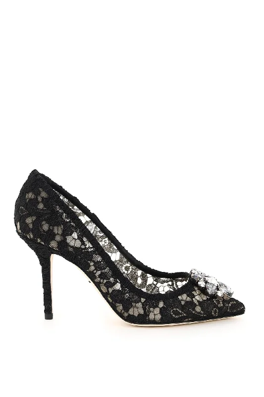 High heels with tough leather -DOLCE & GABBANA Lace Bellucci Pumps with Jewel Flower Brooch