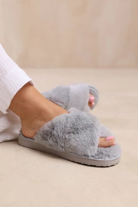 Artisan slippers with unique flair -WEEKEND CROSS OVER FLUFFY SLIPPERS IN GREY