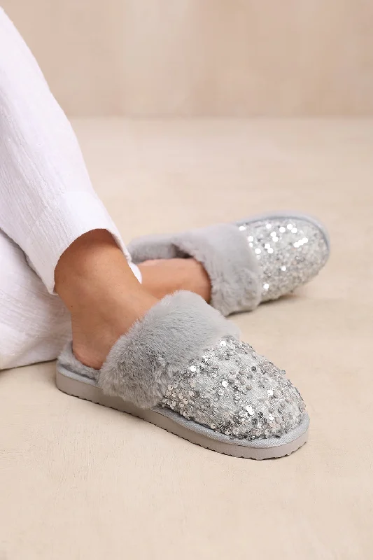 Budget-friendly slippers online sale -COZY SLIP ON SEQUIN SLIPPERS WITH FUR TRIM IN GREY