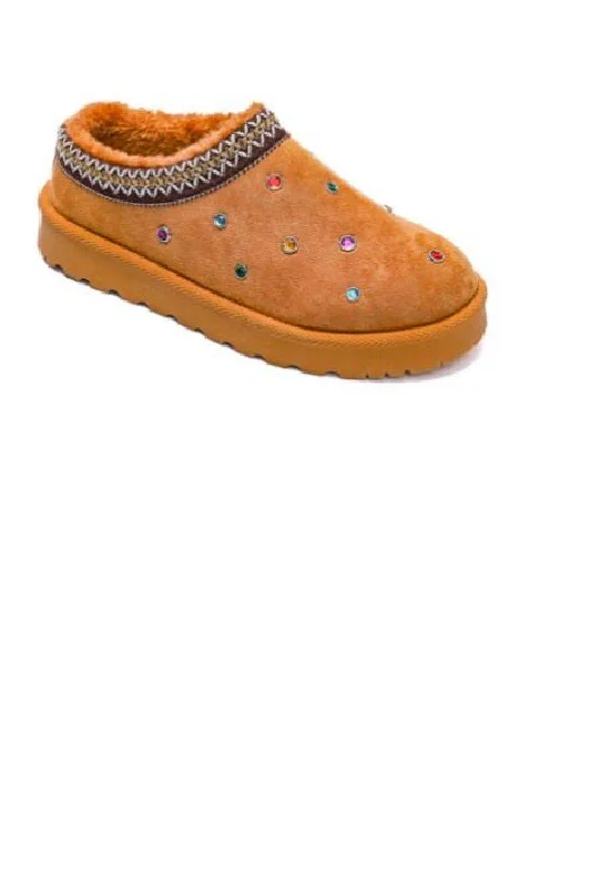 Slip-on slippers for ease -CAMEL FAUX SUEDE JEWEL & STUD EMBROIDERED CLASSIC COZY SLIPPERS BOOTS