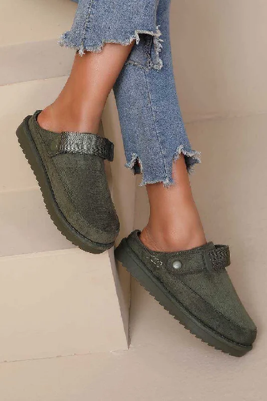 Slippers with rugged charm -GREEN FAUX SUEDE STRAPPY CLOGS SLIP ON MULES SLIPPERS