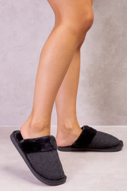 Slippers for home fun -JUMANAH SLIP ON KNITTED TEDDY FAUX FUR LINED SLIPPERS IN BLACK WOVEN