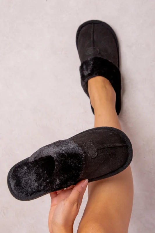 Slippers for indoor gigs -FELICITY SLIP ON TEDDY FAUX FUR LINED SLIPPERS IN BLACK SUEDE