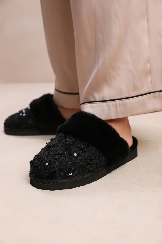 Slippers with aged fuzz -COZY SLIP ON SEQUIN SLIPPERS WITH FUR TRIM IN BLACK