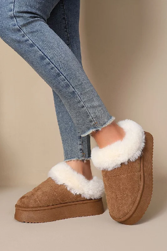 Slippers for cozy downtime -CAMEL ULTRA MINI PLATFORM FAUX FUR LINED FLUFFY SLIPPERS