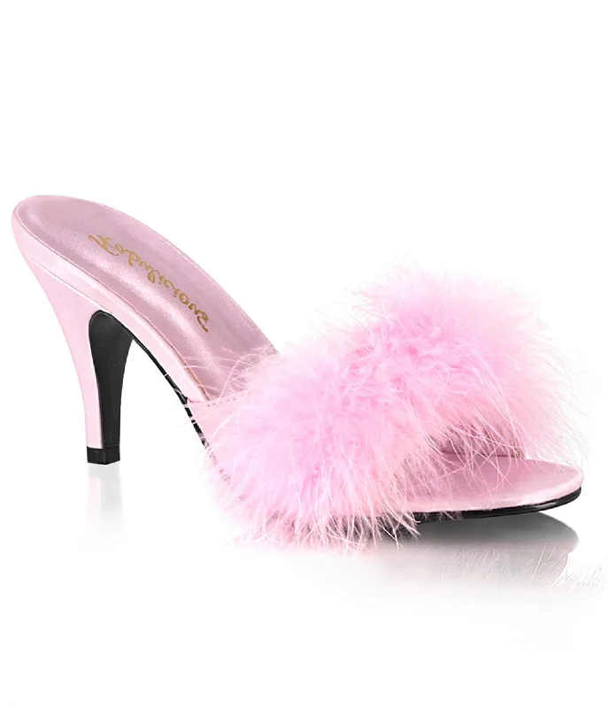 Startup slippers affordable bulk -Pink Satin & Marabou Feather Peep Toe Amour Heel Slipper