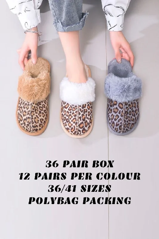 Slippers with sleek weave -ANIMAL PRINT FAUX FUR LINED FLUFFY CASUAL SLIPPERS (PACK OF 36 PAIRS)