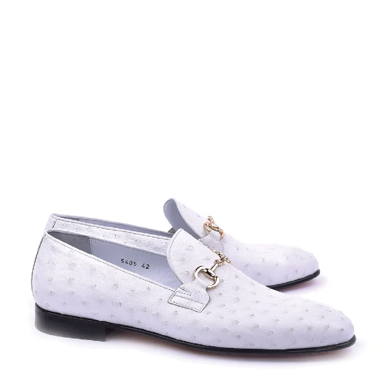 Slip-on loafers for quick steps-Corrente C02205 5405 Men's Shoes White Ostrich Leather Bit Buckle Loafers (CRT1440)