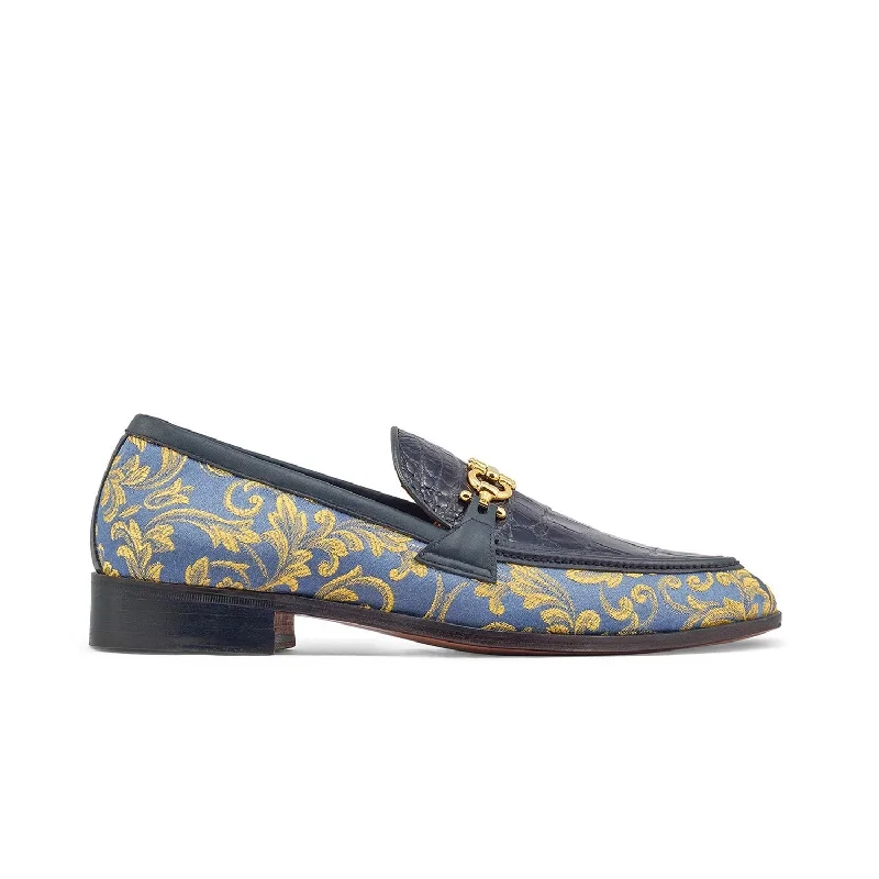 Premium loafers for classy style-Mauri 4954 Wealth Men's Shoes Two-Tone Blue Exotic Alligator / Gobelins Fabric / Calf-Skin Leather Horsebit Loafers (MA5362)