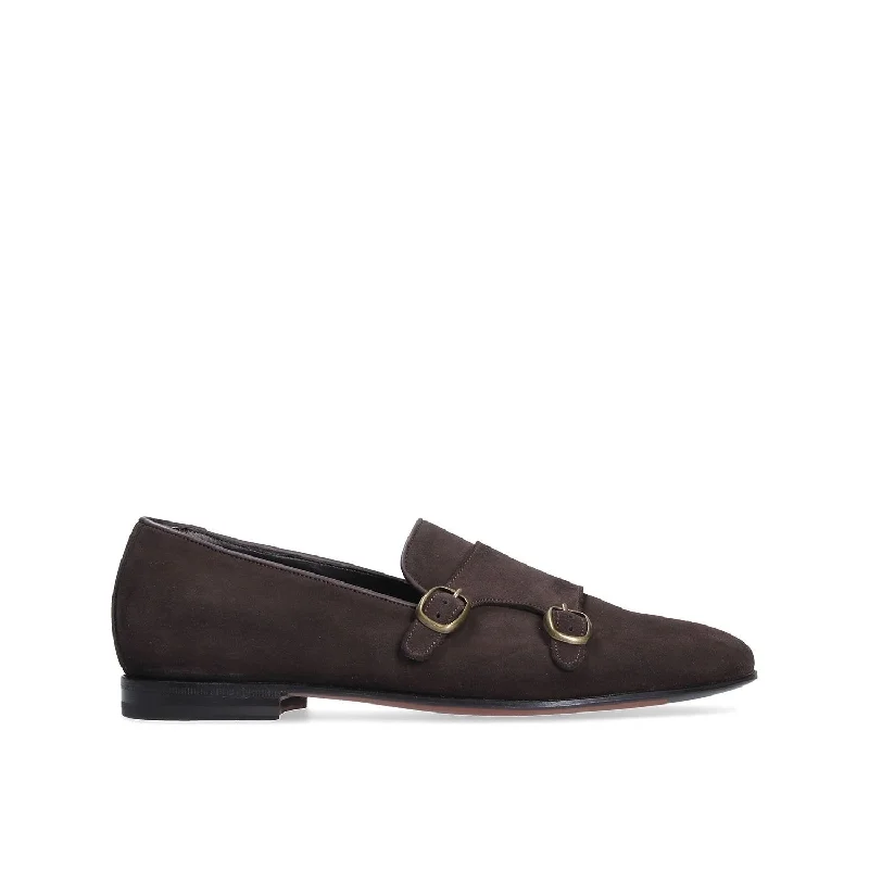 Cushioned loafers for gentle walks-Franceschetti Yari Men's Shoes Brown Suede Leather Double Buckle Belgian Loafers (FCCT1006)