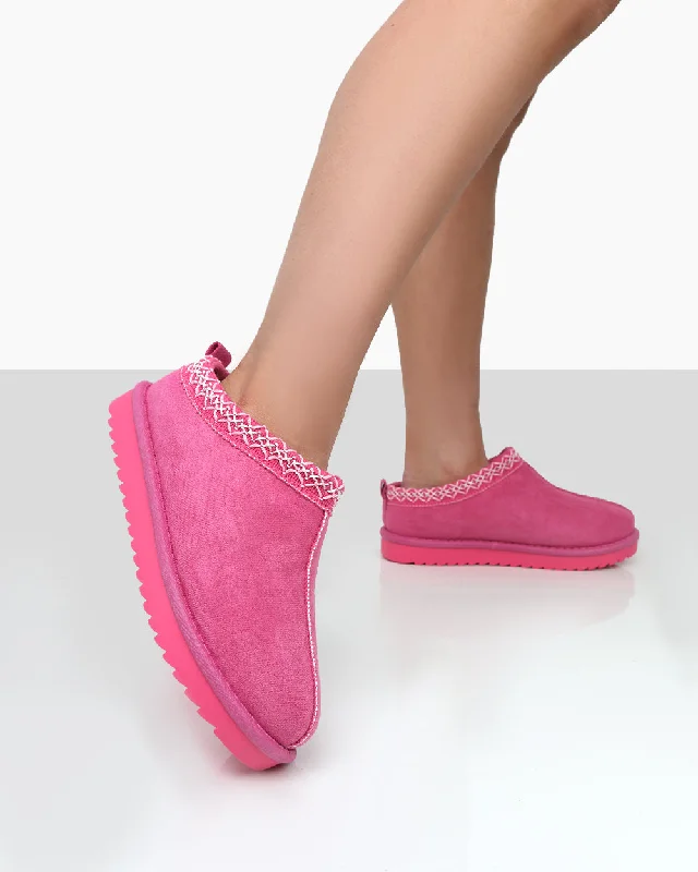 Slippers with fatigue-reducing soles -Tamsin Pink Faux Suede Embroidered Slipper Boots