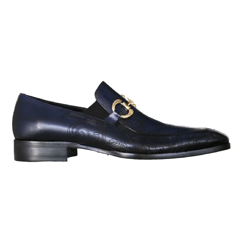 Stylish loafers for urban nights-Jo Ghost 4957 Men's Shoes Navy Flower Print Leather Horsebit Loafers (JG5367)