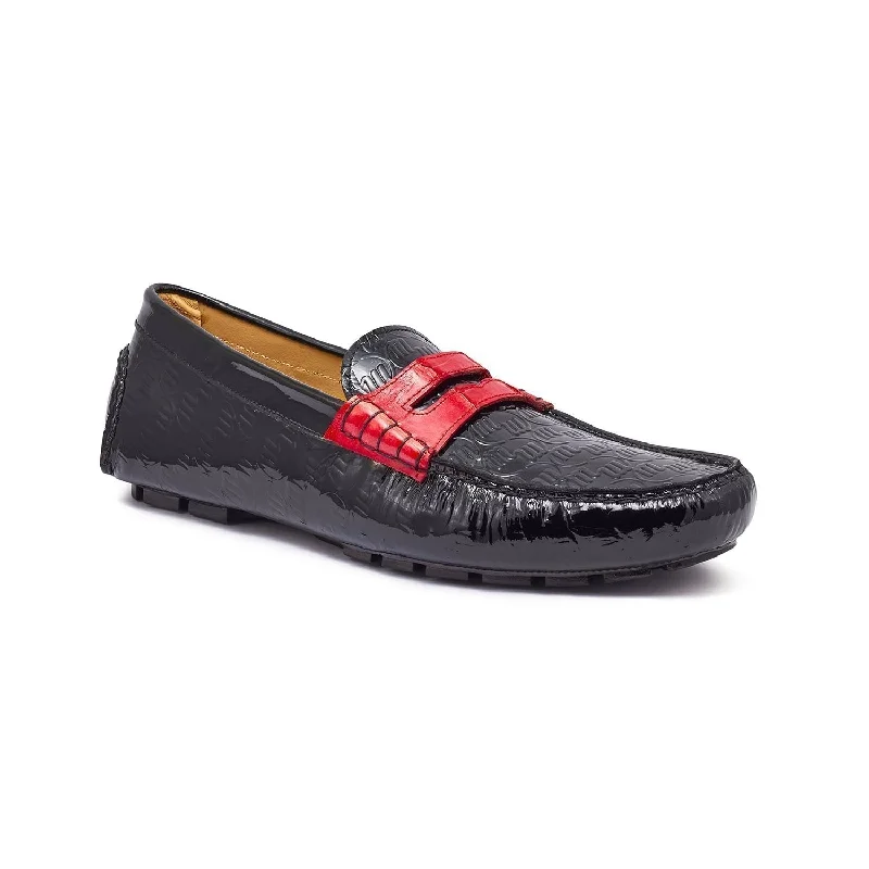 Breathable loafers for light steps-Mauri 3502 Suave Men's Shoes Black & Red Exotic Crocodile / Patent Embossed Leather Driver Loafers (MA5345)