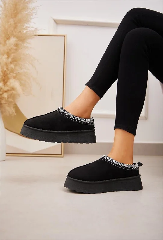 Slippers for indoor chill -BLACK EMBROIDED FLUFFY PLATFORM SLIPPERS AZTEC DETAIL FAUX FUR LINED ANKLE BOOTS