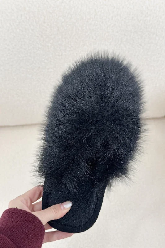 Low slippers for great value -BLACK FAUX FUR FLUFFY SLIPPERS