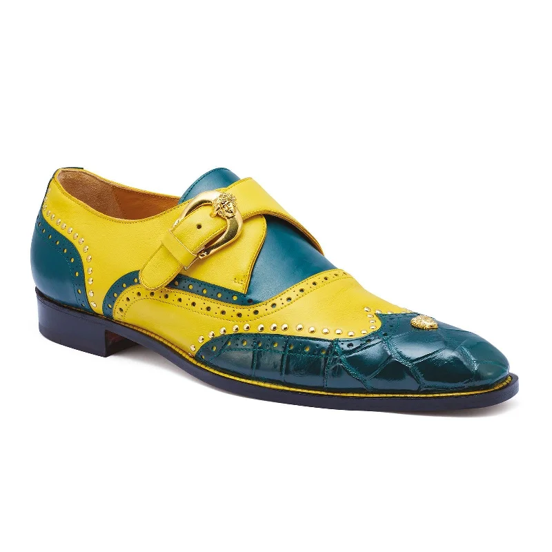 Trendy loafers for modern style-Mauri Godfather 3051 Men's Shoes Forest Green & Yellow Exotic Alligator / Calf-Skin Leather Monk-Strap Loafers (MA5253)