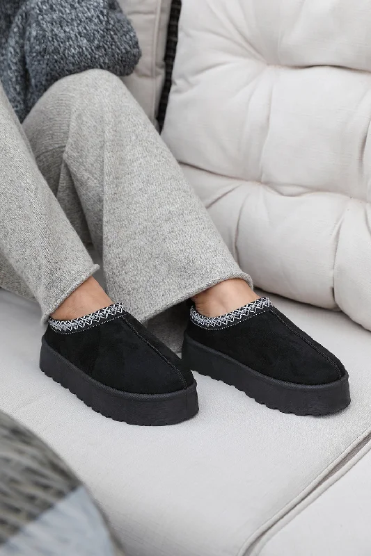 Slippers for mindful calm -ALLEGRA FLATFORM EMBROIDERED LOW ANKLE SLIPPER BOOTS IN BLACK SUEDE