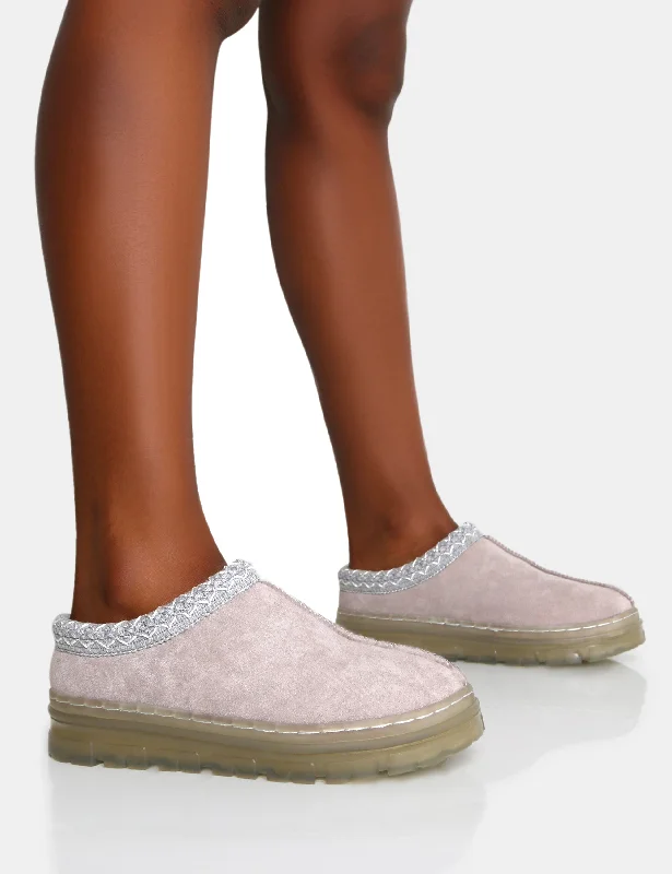 Lavish slippers with satin trim -Nala Light Grey Faux Suede Embroidered Slipper Platform Boots