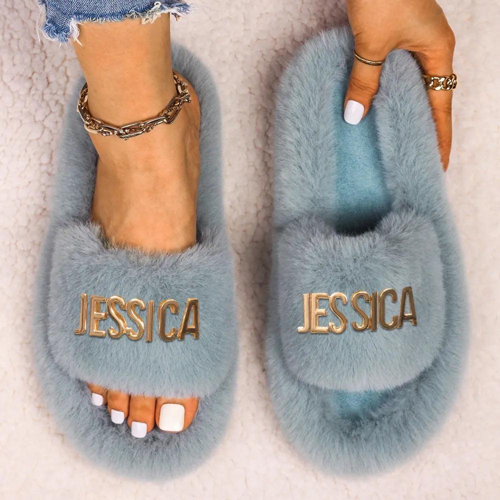 Women’s slippers with ribbon detail -Women's Faux Fur Slippers - Fluffy, Furry Plush Slides with Personalized Letter Decor, Ideal Gift