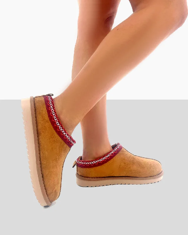 Slippers with protective toe -Tamsin Tan Brown Faux Suede Red Embroidered Slipper Boots