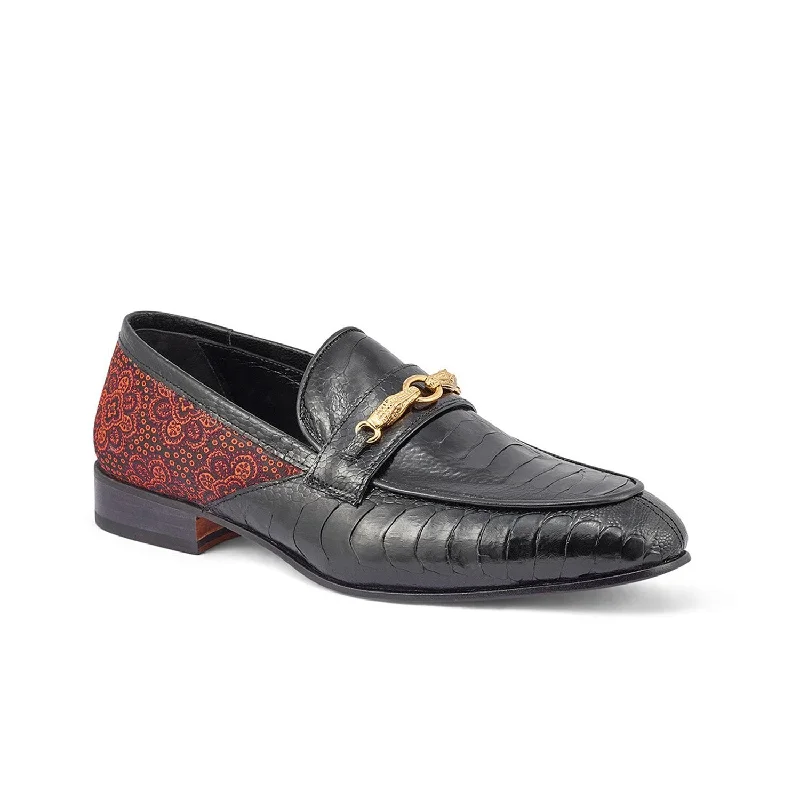 Trendy loafers for modern vibes-Mauri 4946 Monet Men's Shoes Black & Coral Red Exotic Ostrich Leg / Matahari Fabric Horsebit Loafers (MA5398)