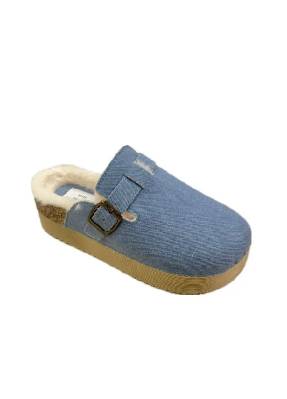 Slippers for light rest -BLUE CHUNKY FLUFFY INSOLE FLATFORM FAUX SUEDE SLIPPERS WITH BUCKLE