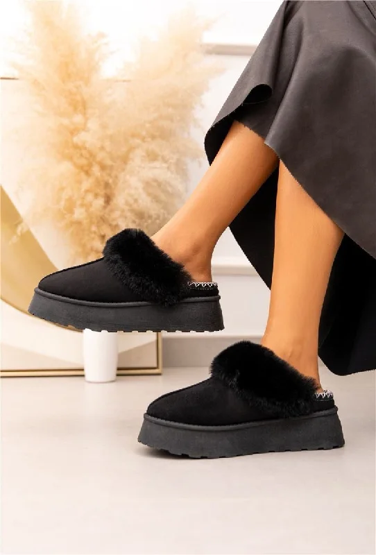 Slippers with cool top -ULTRA MINI PLATFORM FLUFFY FURR ANKLE SLIPPERS IN BLACK