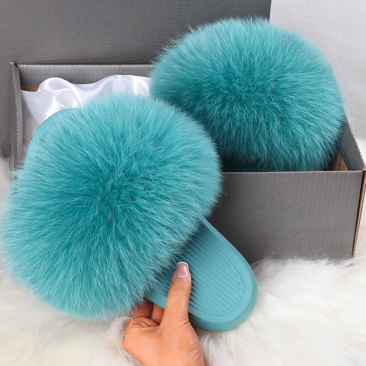 Slippers with elastic sides -Women's Fluffy Fox Fur Slippers - Plush Sandals for Comfort and Style