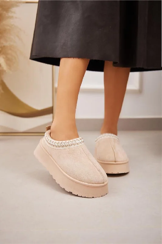 Slippers for cool naps -BEIGE FLUFFY PLATFORM SLIPPERS FAUX FUR LINED ANKLE BOOTS