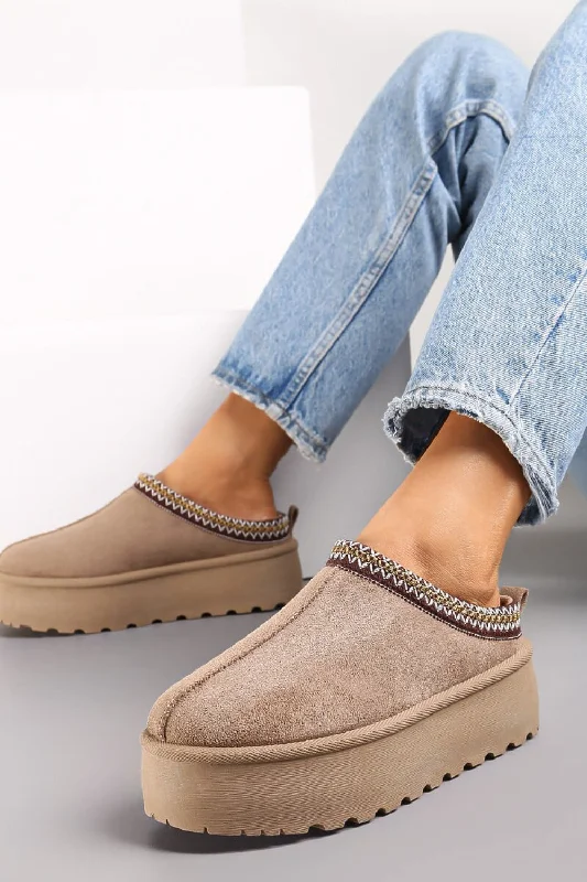 Slippers with funky charm -CAMEL EMBROIDED FLUFFY PLATFORM SLIPPERS AZTEC DETAIL FAUX FUR LINED ANKLE BOOTS