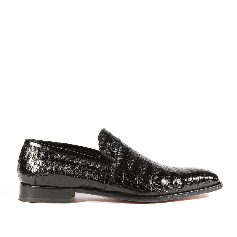 Soft loafers for warm nights-Mauri 4912 Monarch Men's Shoes Black Exotic Crocodile Slip-On Loafers (MA5319)