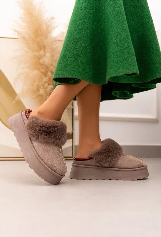 Slip-on slippers for fast rest -ULTRA MINI PLATFORM FLUFFY FURR ANKLE SLIPPERS IN TAUPE