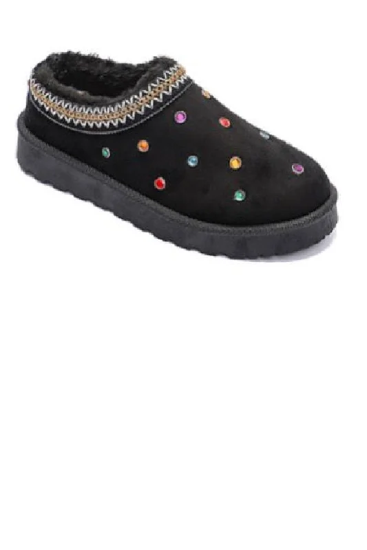 Slippers for slow naps -BLACK FAUX SUEDE JEWEL & STUD EMBROIDERED CLASSIC COZY SLIPPERS BOOTS