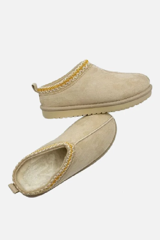 Slippers for twilight rest -LIGHT BEIGE FAUX SUEDE EMBROIDERED COZY SLIPPER BOOTS