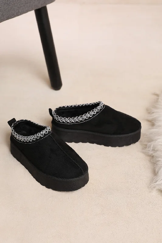 Slippers for easy peace -MANGO KIDS FLATFORM EMBROIDERED LOW ANKLE SLIPPER BOOTS IN BLACK SUEDE