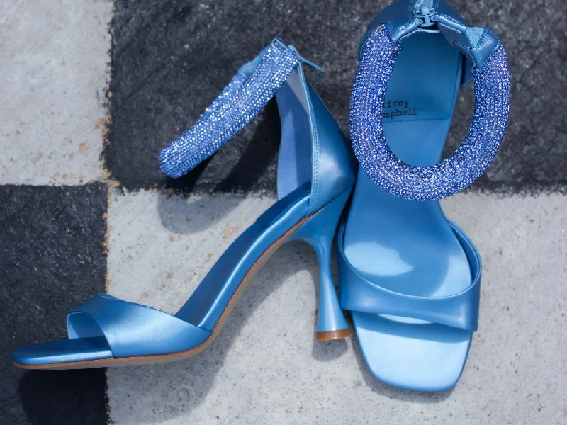 High heels for casual dinners -Jeffrey Campbell: No-Curfew in Blue Satin Combo