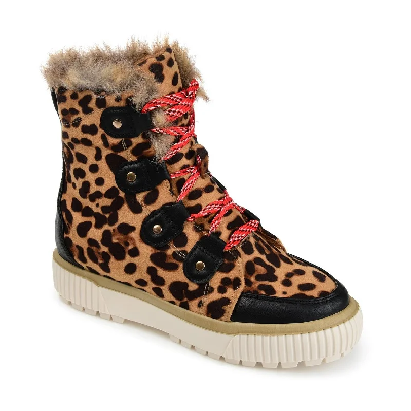 Boots with resilient sole layers -Journee Collection Womens GLACIER Faux Leather Leopard Print Shearling Boots