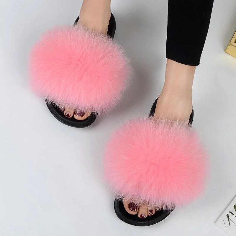 Slippers with woven texture -Women Casual Real Fox Fur Slippers