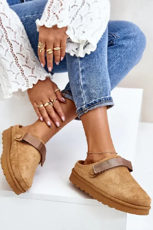 Slippers with faint branding -CAMEL FAUX SUEDE STRAPPY CLOGS SLIP ON MULES SLIPPERS