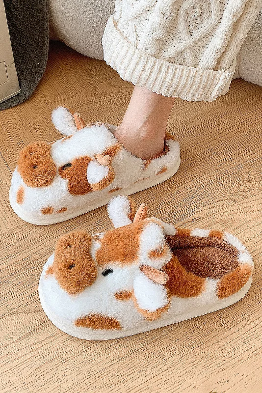 Slippers with soft flair -Coffee Plush Cartoon Cow Thermal Home Slippers