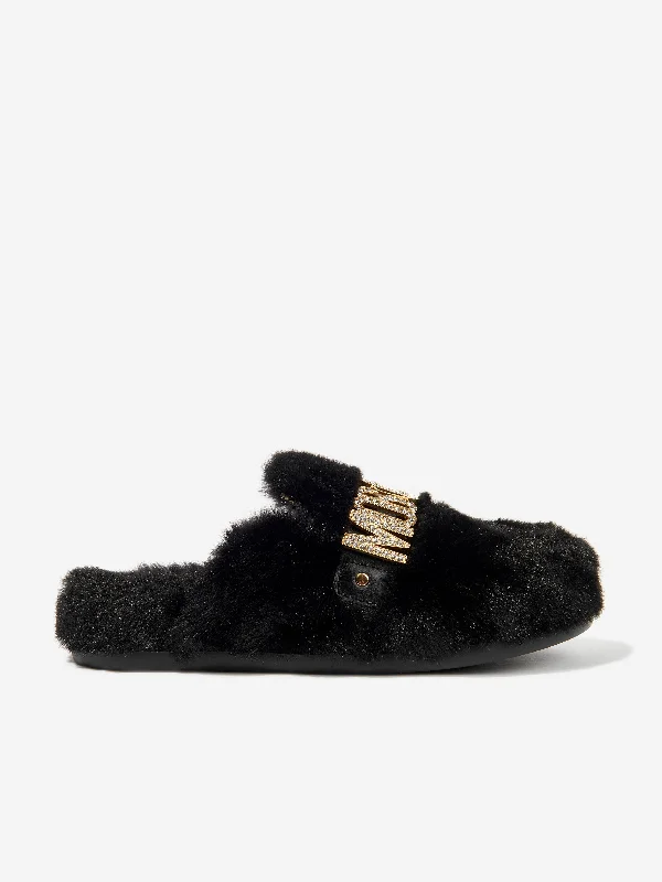 Slippers for frosty evenings -Moschino Girls Faux Fur Logo Slippers in Black